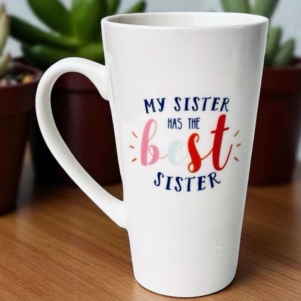 NWT Clay Art My Sister has the best Sister White Ceramic Tall Graphic Funny Mug